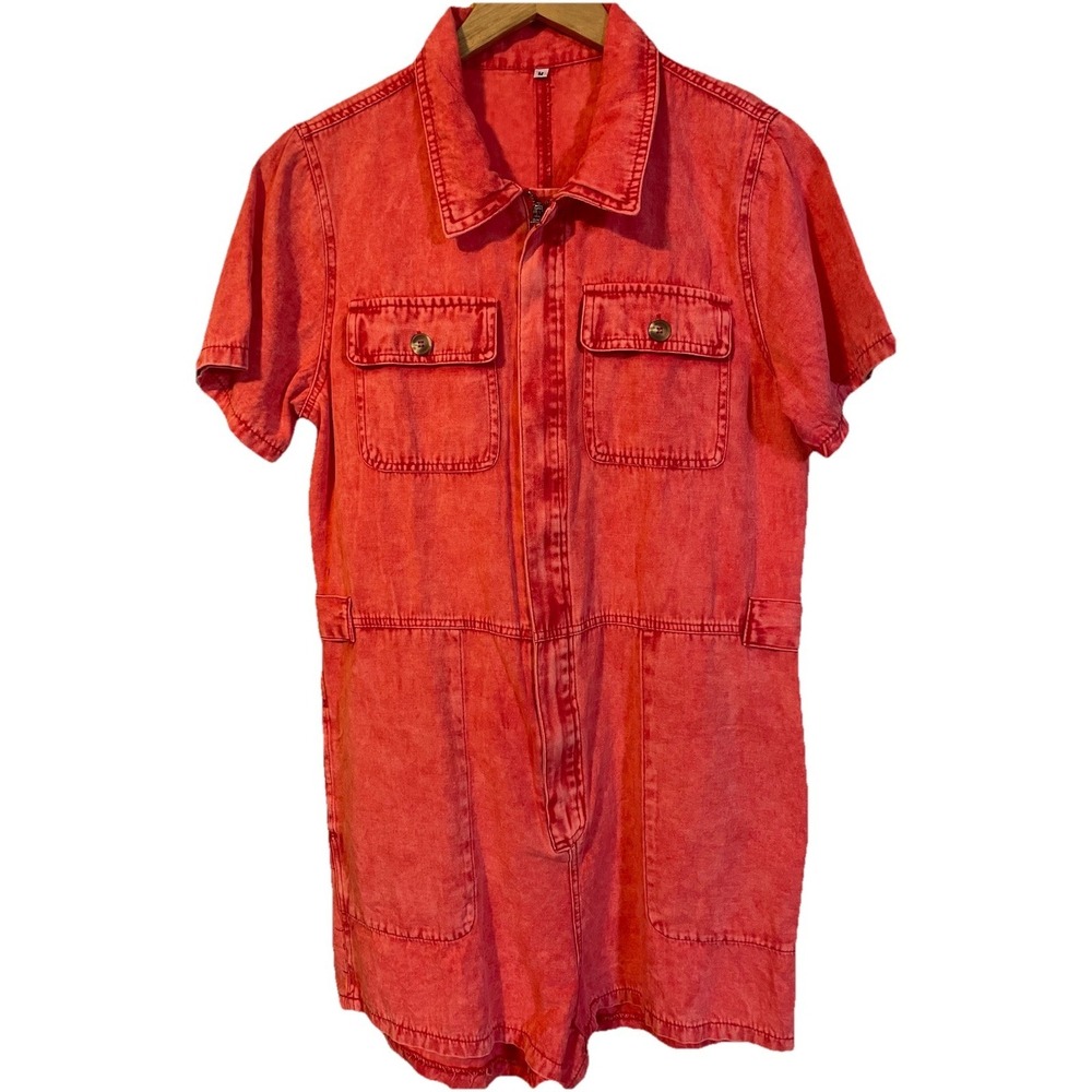 Chouyatou Acid Washed Romper Women's M Red Full Zip Pockets Modern Classic City